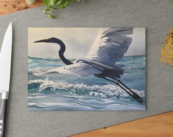 Heron Glass Cutting Board | Coastal Seascape Waves Kitchen Decor