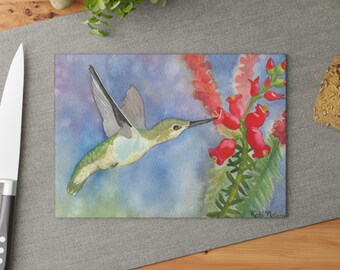 Hand-Painted Watercolor Hummingbird Glass Cutting Board | Kitchen Art Decor