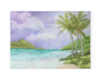 Tropical Beach Scene Glass Cutting Board | two sizes