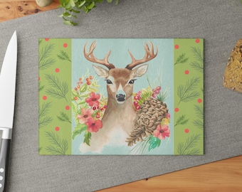 Watercolor Deer Glass Cutting Board | Pinecone Floral Holiday Kitchen