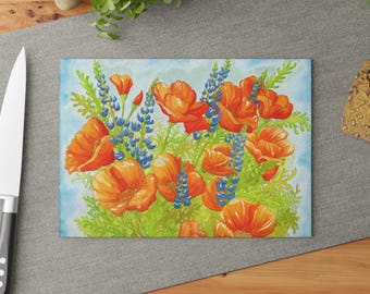 Orange Poppy Bouquet Glass Cutting Board | Floral Kitchen Decor