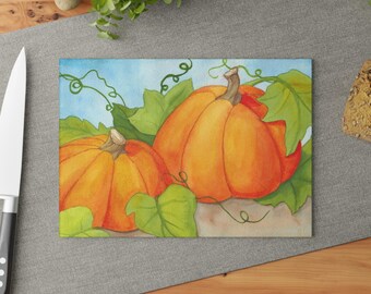 Watercolor Pumpkins Glass Cutting Board | Fall Kitchen Decor