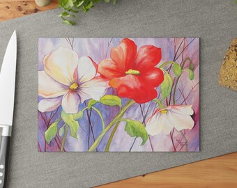 Red and White Floral Artwork Glass Cutting Board | Flower Kitchen Decor
