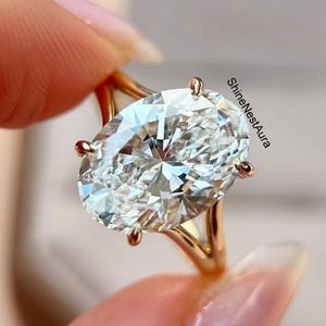 Verlovingsring met 5 karaat ovale, in het laboratorium gekweekte diamant, 14 karaat gouden trouwring, ring met gespleten band, verlovingsring met verborgen halo, jubileumcadeau voor haar