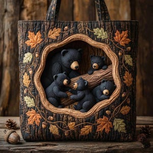Bolso de mano acolchado con diseño de oso del bosque, bolso de retazos con animales del bosque, bolso de estilo rústico de cabaña, regalo ideal para familias amantes de la naturaleza.