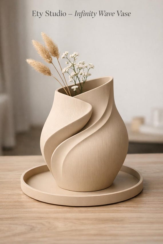 Modern Spiral Vase | Japandi Scandinavian Decor | Beige 3D Printed Centerpiece