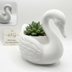 May include: A matte white swan-shaped planter containing a green succulent plant. The swan features detailed wing textures and a long, curved neck. A small square card is visible in the background with the text WhiSy White Swan Succulent Planter.