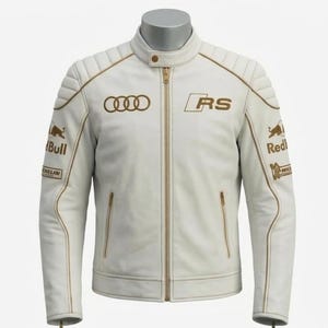 Handcrafted Audi White and Gold Leather Jacket | Golden Quattro Edition Racing Gear