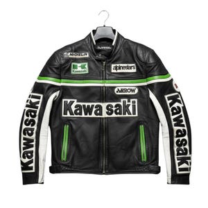 Chaqueta de cuero Kawasaki Racing hecha a mano / Ropa de motociclista con retazos verdes