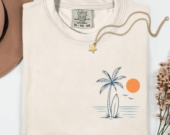 Comfort Colors® Beach Surfboard Shirt, Minimalist Beach Shirt, Summer Sunset Tee, Minimal Summer Sunset Tee, Trendy Beach Shirt, Ocean Waves