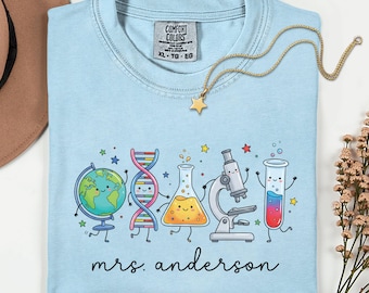 Comfort Colors® Personalized Science Teacher Tee, Custom Science Teacher Doodle Shirt, Trendy Back To School Gift Tee, STEM Teacher Gift Tee