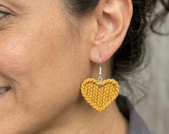 Orecchini a cuore in maglia testurizzata, gioielli boho stampati in 3D, materiale PLA