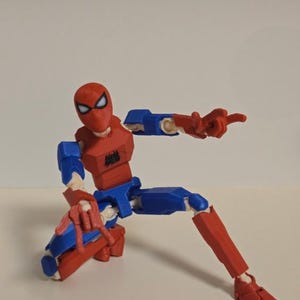 May include: A red, blue, and white articulated Spider-Man action figure in a crouching pose, pointing with one hand. The figure has a red mask with white eyes, a blue torso and legs, and red arms and feet. A black spider emblem is on the chest.
