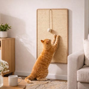 May include: An orange tabby cat is shown scratching a wall-mounted cat scratcher. The scratcher is rectangular with a woven texture and a hanging toy. The cat is standing on its hind legs, reaching up to scratch.