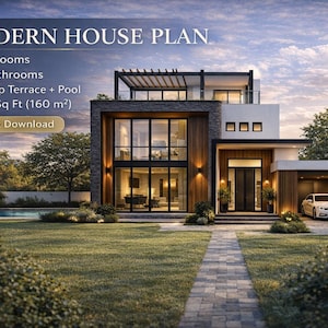 Op de afbeelding: Een modern huisplan met een eigentijds ontwerp. De afbeelding toont een huis met twee verdiepingen met een dakterras en zwembad. Het plan omvat 4 slaapkamers, 3,5 badkamers en 160 m². De tekst zegt "Direct downloaden".
