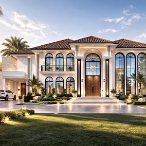 May include: A luxurious white mansion with a red tile roof, arched windows, and a grand entrance. Palm trees and manicured landscaping surround the house. A white car is parked in the driveway, and the sky is blue with scattered clouds.