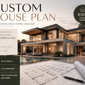 Può includere: Annuncio per planimetrie personalizzate. L'immagine presenta una casa moderna con ampie finestre e una piscina. Il testo include "CUSTOM HOUSE PLAN" e "PERSONALIZED HOME DESIGN". Ulteriore testo recita "Progetto la casa dei tuoi sogni, su misura per te."