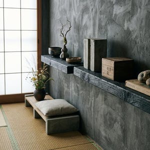 May include: Two black charred wood floating shelves mounted on a dark gray textured wall. The shelves hold a small dark bowl, a dried plant in a vase, two gray stone blocks, a wooden box with Japanese text, a book, and two smooth river stones.