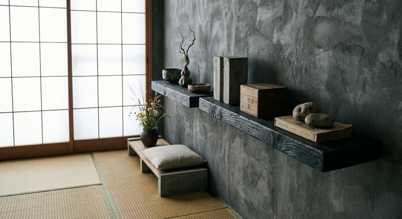 May include: Two black charred wood floating shelves mounted on a dark gray textured wall. The shelves hold a small dark bowl, a dried plant in a vase, two gray stone blocks, a wooden box with Japanese text, a book, and two smooth river stones.