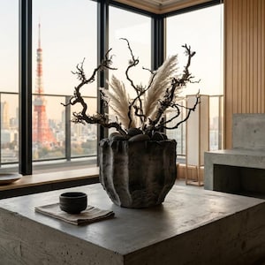 Large Brutalist Concrete Vase - 30cm Hand-Sculpted Cement and Paper Mache Vessel - Japandi Zen Home Decor - Wabi Sabi Textured Sculpture