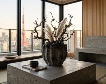 Jarrón brutalista grande de hormigón - 30 cm. Recipiente de cemento y papel maché esculpido a mano - Decoración zen japonesa - Escultura texturizada Wabi Sabi.