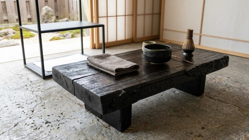 May include: A low, rectangular coffee table made of dark, charred wood with a visible grain and rough, natural edges. On the surface sits a dark ceramic bowl, a bamboo whisk, a small cup, and a folded beige linen cloth. The table has thick legs.