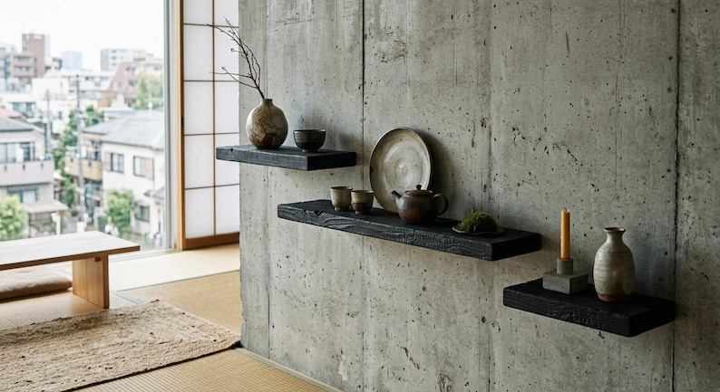 May include: Three black wooden floating shelves mounted on a concrete wall. The shelves hold ceramic pottery, including a teapot, bowls, plates, a vase with a twig, and a yellow candle in a gray holder, arranged in a staggered display.