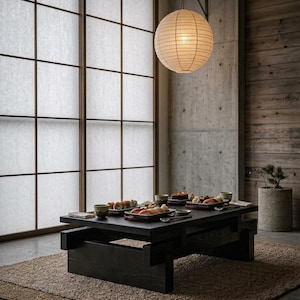 Könnte beinhalten: Ein niedriger, rechteckiger schwarzer Holztisch steht auf einem strukturierten Teppich. Der Tisch ist mit mehreren kleinen Keramikschalen gedeckt, die verschiedene Sushi-Rollen und Nigiri sowie kleine Schälchen enthalten. Eine runde Papierlaterne hängt darüber.