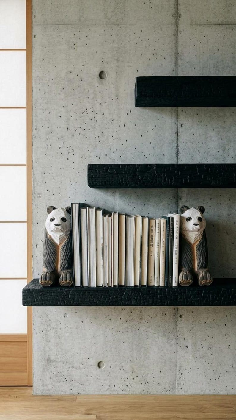 May include: Two carved wooden panda bear bookends with black and white painted details, positioned on a black charred wood shelf holding a row of various books, with two additional empty black shelves mounted on a gray concrete wall.