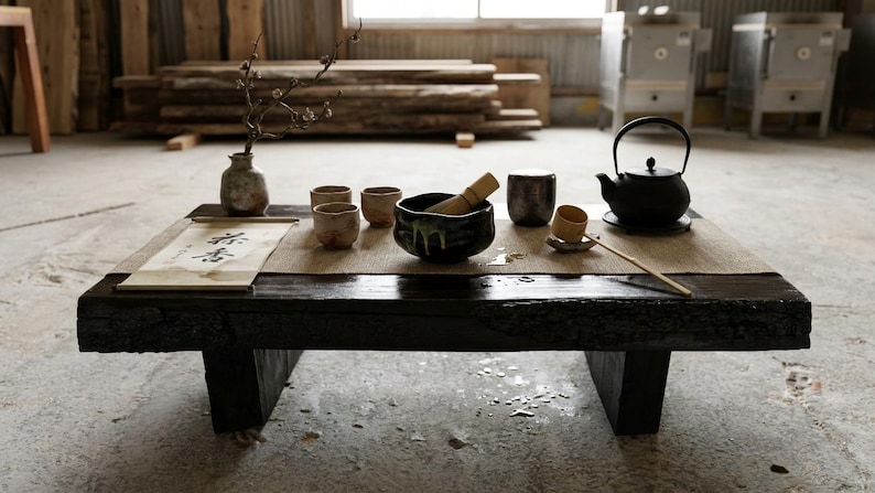 May include: A low, dark wooden table holds a tea set including a black cast iron teapot, a black ceramic bowl with a bamboo whisk, three small beige cups, a small lidded container, a wooden ladle, a small vase with a branch, and a scroll with text.