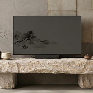 Puede incluir: Un televisor de pantalla plana que muestra una pintura de paisaje monocrom&aacute;tica, colocado sobre un banco de piedra largo, rectangular y de corte r&uacute;stico. El banco cuenta con dos soportes de piedra gruesos y una superficie texturizada clara.