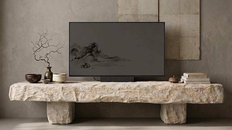 Puede incluir: Un televisor de pantalla plana que muestra una pintura de paisaje monocrom&aacute;tica, colocado sobre un banco de piedra largo, rectangular y de corte r&uacute;stico. El banco cuenta con dos soportes de piedra gruesos y una superficie texturizada clara.