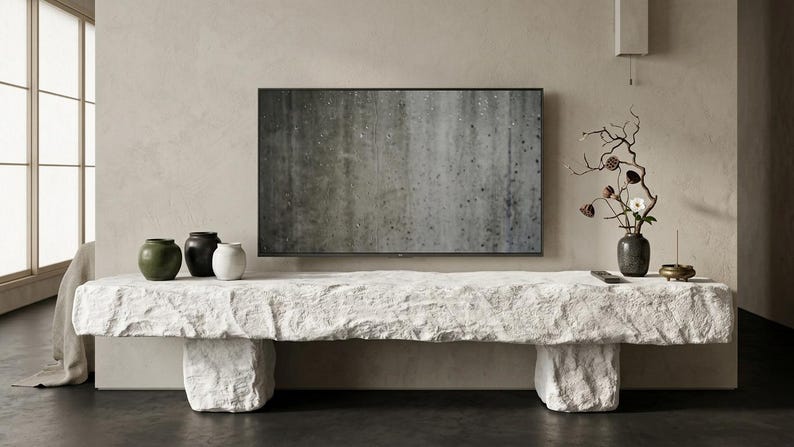 Puede incluir: Un banco largo y rectangular de piedra blanca con una superficie rugosa y texturizada, sostenido por dos patas de piedra en forma de bloque. Encima hay tres peque&ntilde;os jarrones de cer&aacute;mica en verde oliva, negro y blanco, una rama y un incensario.