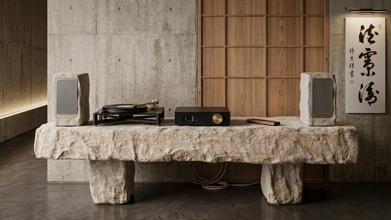 Puede incluir: Un tocadiscos negro, un amplificador negro con un mando dorado y dos altavoces con textura de piedra y rejillas grises. El equipo de audio est&aacute; dispuesto sobre un banco largo y rectangular de piedra toscamente tallada con superficie irregular.