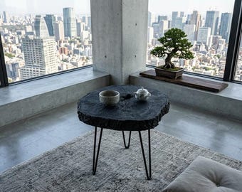Yakisugi Coffee Table – 8cm Thick Charred Wood Slab, Japandi Zen Side Table