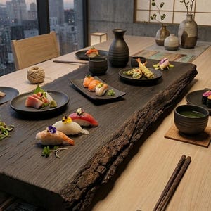 May include: A large, dark, live-edge wooden serving board centered on a light-colored dining table, featuring various pieces of sushi, sashimi, and tempura on small black plates, accompanied by a dark ceramic sake bottle and matching cups.