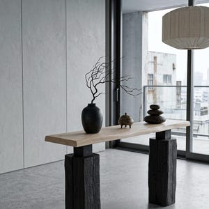 Large Yakisugi Console Table, 140cm Live Edge Oak Sofa Table, Brutalist Charred Timber Entryway Desk, Zen Hallway Sideboard, Minimalist