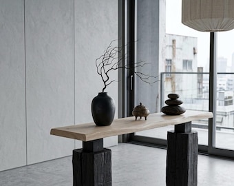 Large Yakisugi Console Table, 140cm Live Edge Oak Sofa Table, Brutalist Charred Timber Entryway Desk, Zen Hallway Sideboard, Minimalist