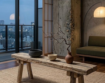 120-Year Reclaimed Wood Bench, Japandi Brutalist Entryway Furniture, Rustic Seat, Wabi Sabi Table