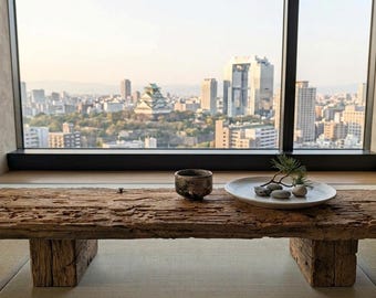 Banco bajo de madera recuperada de 120 años de antigüedad - Altar de meditación Japandi antiguo - Pedestal Wabi Sabi de 98 cm - Decoración brutalista de estilo zen
