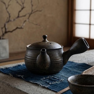 Può includere: Una teiera kyusu in ceramica marrone scuro con manico laterale e coperchio abbinato. La teiera presenta una superficie testurizzata con scanalature orizzontali e un corpo arrotondato. È accompagnata da due piccole tazze da tè abbinate.