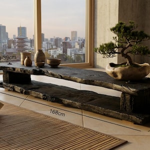 Mueble para TV de madera carbonizada Yakisugi – Soporte para TV estilo Japandi, 168 cm, mueble de madera maciza.