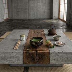 May include: A low square coffee table featuring a central dark wood beam flanked by two smooth gray concrete sections. On the surface sits a dark ceramic teapot, a matcha bowl with green tea, a bamboo whisk, a small container, and a plate with a treat.