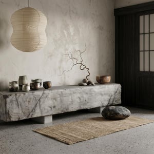175cm Monolithic Mineral Low Bench, Kintsugi Gold Line Coffee Table, Wabi Sabi Long TV Console, Brutalist Japandi Floor Table