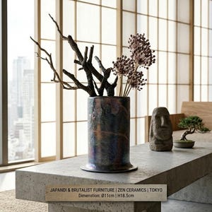 Puede incluir: Un jarrón cilíndrico de cerámica oscura y moteada contiene ramas y flores secas. Se encuentra sobre una mesa de centro de hormigón, junto a una escultura de piedra y un bonsái. La habitación tiene una ventana grande.