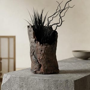 Raku Fired Ceramic Vase – Hand-Sculpted Brutalist Vessel, Japandi Zen Decor