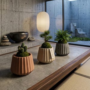 Geometric Concrete Planter - Fluted Japandi Flower Pot - 10.5cm Brutalist Zen Decor - Custom Colors Available - Minimalist Succulent Vessel