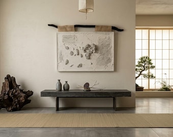 Japandi 3D Wall Relief – Clay Texture Art, Wabi Sabi Sculpture, Yakisugi Branch (92.5cm Canvas)