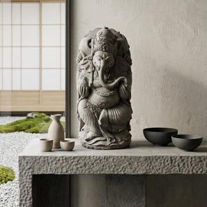 May include: A gray stone statue of the Hindu deity Ganesha, seated with an elephant head and multiple arms. The statue is on a textured stone table with a vase and small bowls. The background includes a window with a Japanese-style garden.