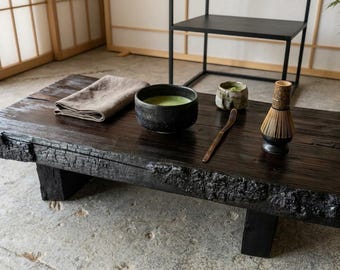 Low Yakisugi Tea Table, Charred Wood Low Coffee Table, Wabi Sabi Floor Meditation Desk, Zen Tatami Board, Japandi Bonsai Stand